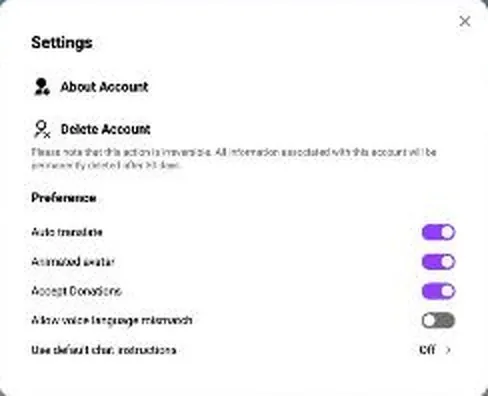 CrushOn AI settings dialog with Delete Account and preference toggles
