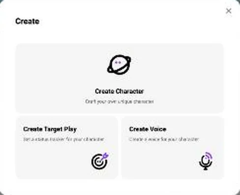CrushOn AI create menu with character, target play and voice options