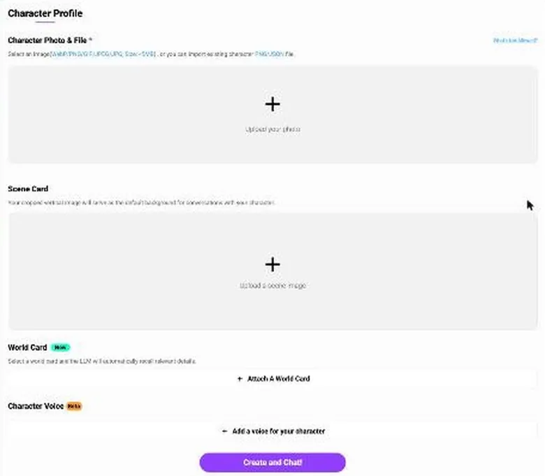 CrushOn AI new character form with photo, scene card, world card and voice fields