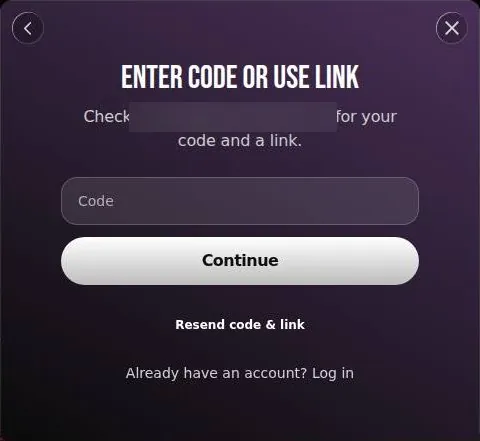 Cuties AI login step asking for the e-mailed code, with Continue and Resend buttons