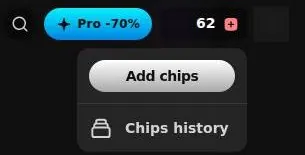 Header chip balance menu with Add chips and Chips history buttons