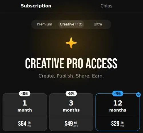Creative PRO plan cards for 1, 3 and 12 months with discount badges