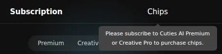 Tooltip on the Chips tab saying a Premium or Creative Pro subscription is needed to buy chips