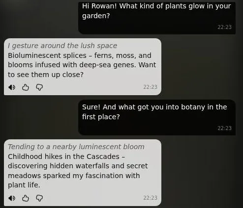 Chat with a botanist character about glowing plants and how she got into botany