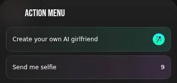 Chat action menu with Create your own AI girlfriend and Send me selfie options
