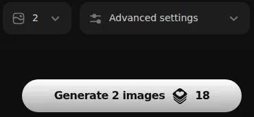 Image count selector, advanced settings and a Generate 2 images button with its chip cost