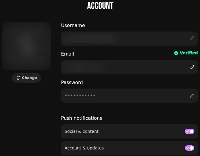 Account settings with username, e-mail, password and push notification toggles