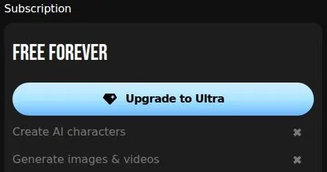 Free forever plan card with an Upgrade to Ultra button and crossed-out features
