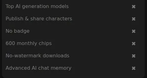Rest of the free plan card with crossed-out features such as monthly chips and chat memory