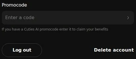 Promocode field with Log out and Delete account buttons