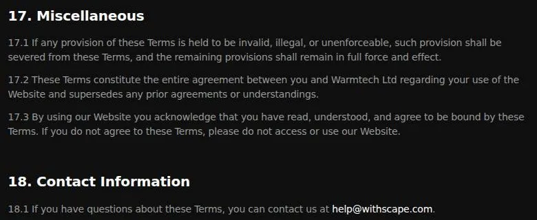 End of the Terms with sections 17 and 18 and the support e-mail