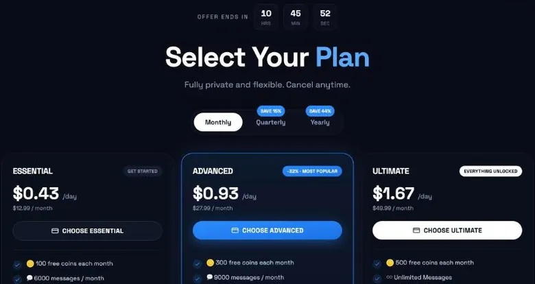 DarLink AI plan page with Essential, Advanced and Ultimate cards and a countdown timer