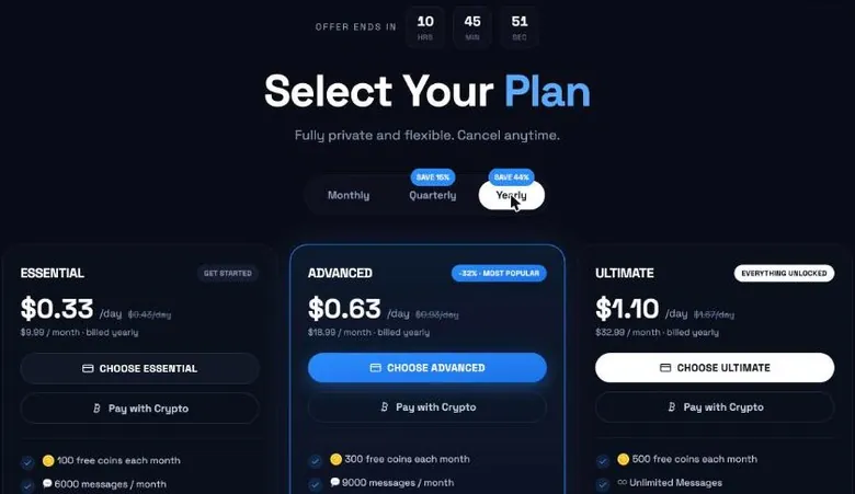 DarLink AI yearly plan cards with per-day prices and Pay with Crypto buttons