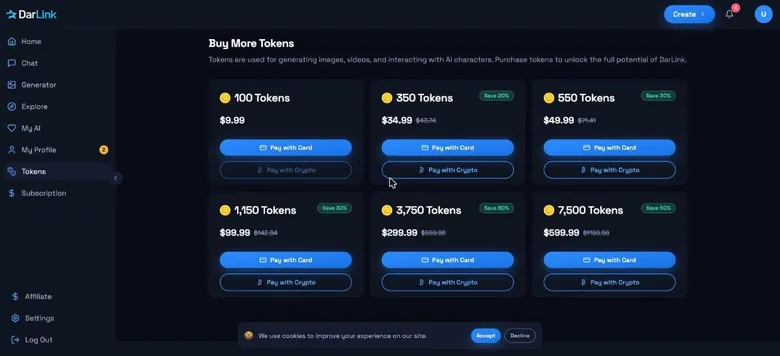 DarLink AI token store with six token packs and card or crypto payment buttons