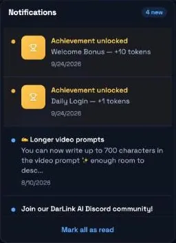 DarLink AI notifications panel with Welcome Bonus and Daily Login reward alerts