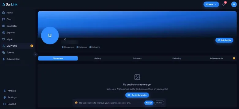 DarLink AI public profile page with Characters, Gallery, Followers, Following and Achievements tabs