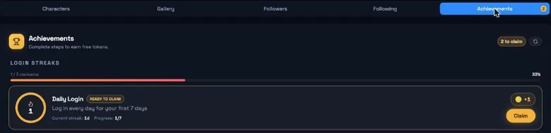 DarLink AI achievements tab with a Daily Login reward and a Claim button