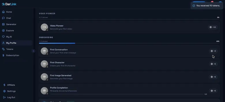 DarLink AI onboarding rewards list with token amounts for first steps
