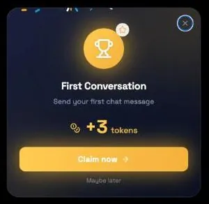 DarLink AI pop-up offering 3 tokens for the first conversation with a Claim now button