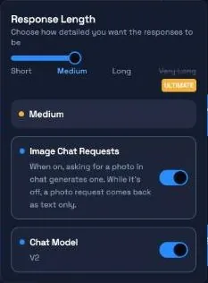 DarLink AI chat settings with response length slider, image request toggle and chat model switch