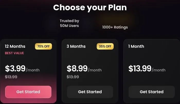 Partner plan picker with 12 month, 3 month and 1 month subscription cards