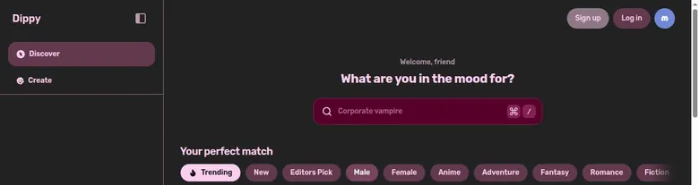 Dippy home page header with a search box and genre filter chips