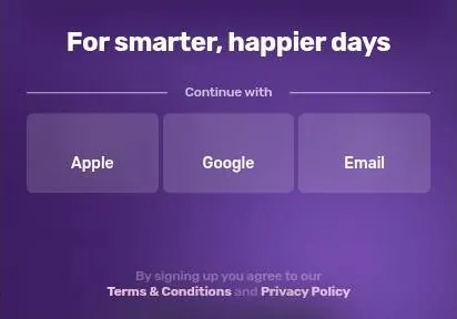 Dippy sign-up window with Apple, Google and Email buttons