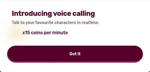 Dippy pop-up introducing voice calls billed in coins per minute