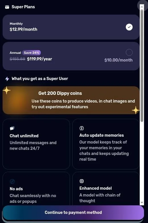 Dippy Super plan picker with monthly and annual options and a list of perks