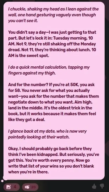 Dippy chat reply from an advisor character with salary advice