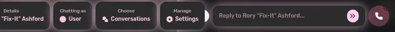 Dippy chat toolbar with persona, conversations, settings and call buttons