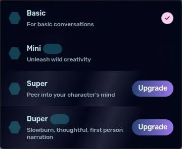 Dippy chat model menu with Basic, Mini, Super and Duper options