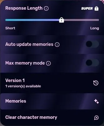 Dippy chat settings with response length, memory toggles and a memory reset