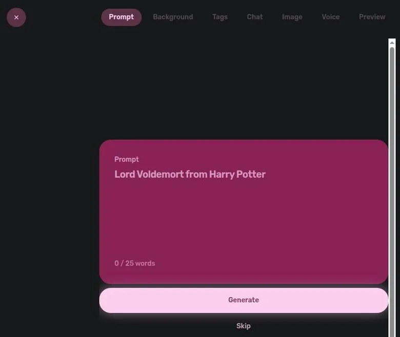 Dippy character creator with a short prompt box and step tabs