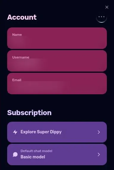 Dippy account settings with blurred profile fields and a default chat model option
