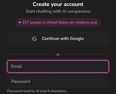 Dondi AI sign-up form with a Google button, e-mail and password fields