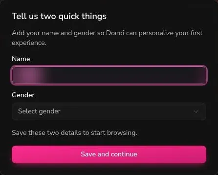Dondi AI form asking for a name and gender after sign-up