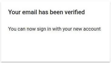 Plain confirmation card saying the e-mail address has been verified
