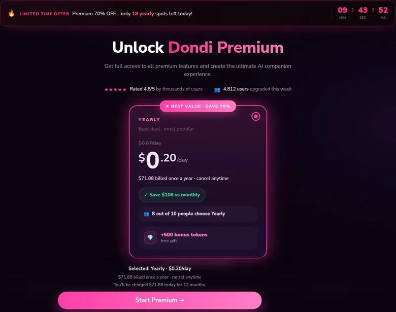 Dondi AI Premium page with a yearly plan card, a countdown banner and a start button