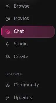 Dondi AI side menu with Browse, Movies, Chat, Studio, Create, Community and Updates