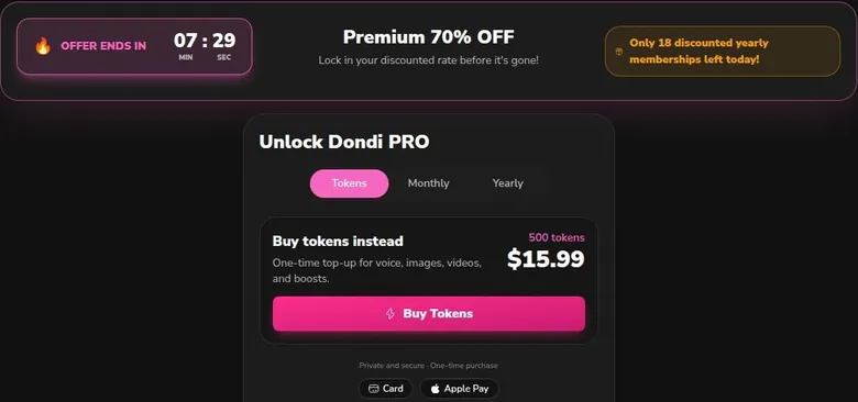 Dondi AI token store with an offer countdown, a top-up card and payment options