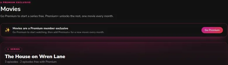 Dondi AI Movies page header explaining Premium and Premium+ access