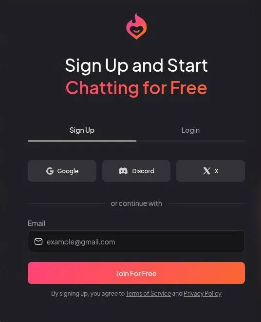 Dream Companion sign-up form with Google, Discord, X and e-mail options