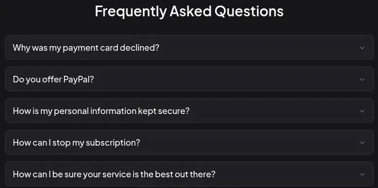 Pricing page FAQ list with questions about declined cards, PayPal, security and cancelling