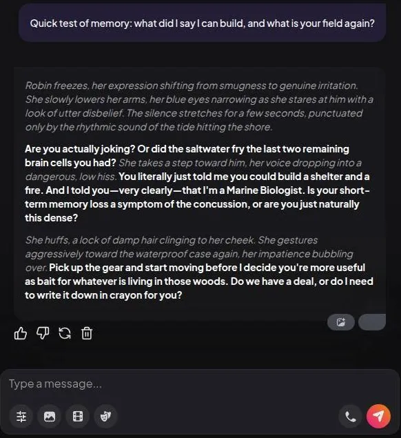 Roleplay chat where the character recalls the shelter, the fire and her job as a marine biologist