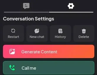 Chat side panel with restart, history and delete buttons plus Generate Content and Call me
