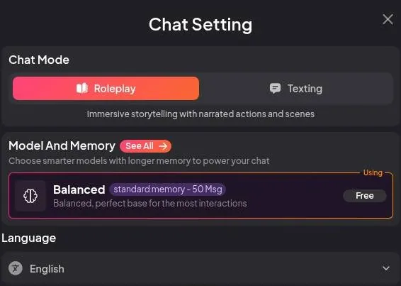 Chat settings with Roleplay and Texting modes, the free Balanced model and a language menu