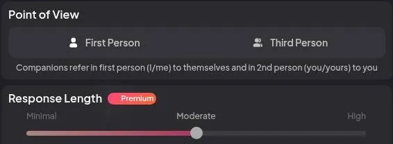 Chat settings for first or third person point of view and a Premium response length slider