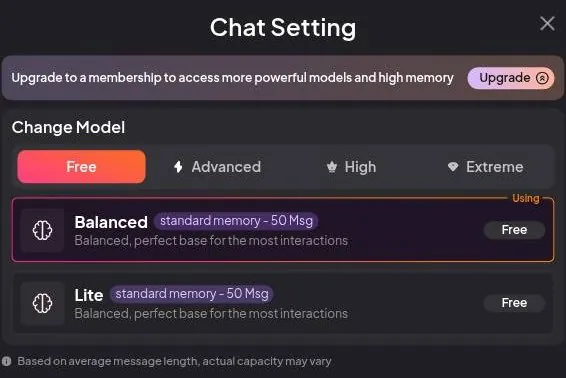 Model picker with Free, Advanced, High and Extreme tabs and two free models listed