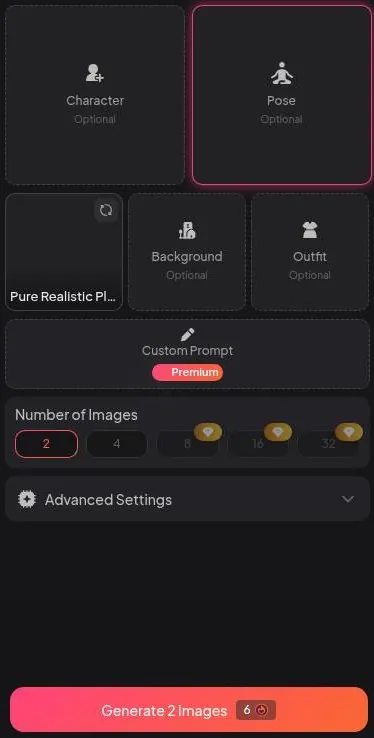 Image generator with preset slots, a batch size picker and a Generate 2 Images button showing its coin cost